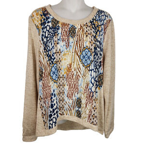 Vtg Alfred Dunner Women Pullover Sweater Aztec Embellished Long Sleeve Tan Small